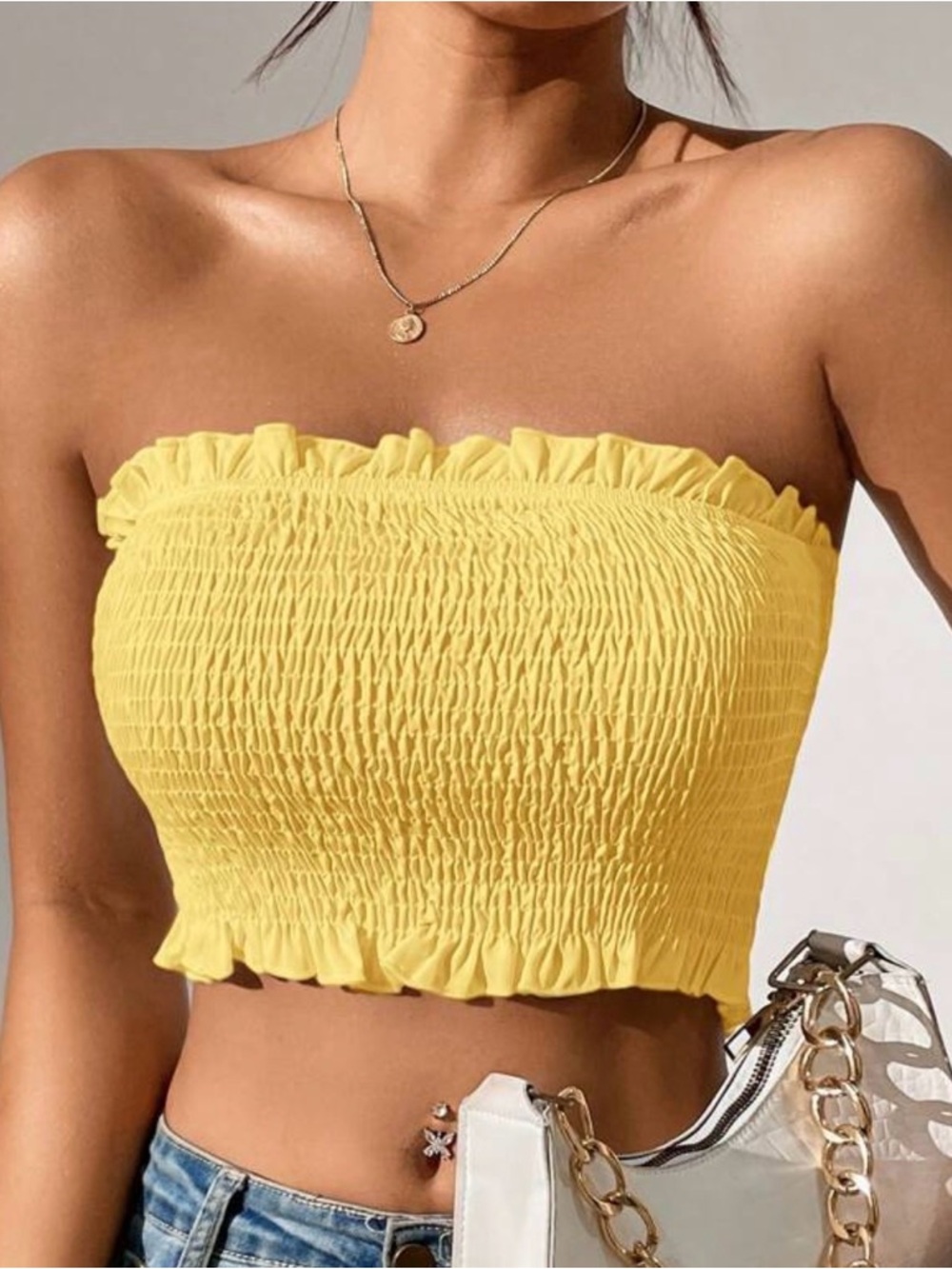 SHEIN Yellow Smocked Strapless Ruffle Crop Top